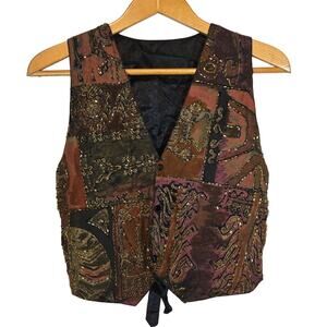Vtg Beaded Brocade Vest Medium Bohemian Maximalist Western 80s Embellished